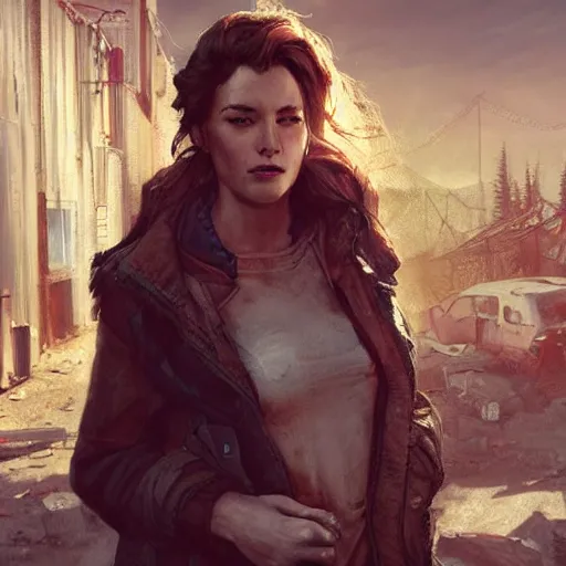 Image similar to fallout 5, charismatic beautiful rugged brunette female protagonist, portrait, outdoors ruined cityscape, atmospheric lighting, painted, intricate, volumetric lighting, beautiful, daytime, sunny weather, slight overcast, sharp focus, deep colours, ultra detailed, by leesha hannigan, ross tran, thierry doizon, kai carpenter, ignacio fernandez rios