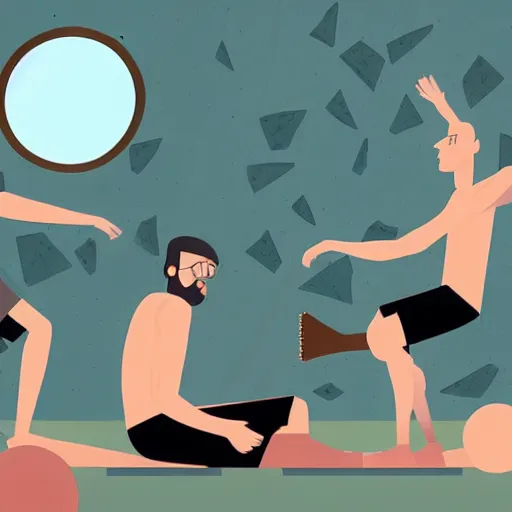 Image similar to a man is sitting in an airplane, watching his friends enjoy bouldering in a gym. award - winning digital artwork