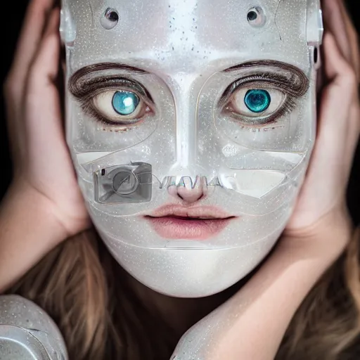 Prompt: beautiful centered fine art photo portrait of sleepy beautiful girl as a solarpunk robotic humanoid, real human face, white mechanical parts with led lights, photorealistic, white background, highly detailed and intricate, soft box lighting, hdr 8 k