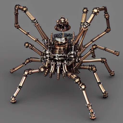 Image similar to steampunk spider robot with eight legs and gears, insane details, sharp focus, octane render