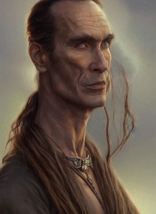 Prompt: a shaman in his late twenties with long light brown hair tied back, a large forehead, a widows peak and a round face with high cheekbones as a realistic d & d fantasy character, portrait art by donato giancola and greg rutkowski, vintage retro, realistic face, digital art, trending on artstation