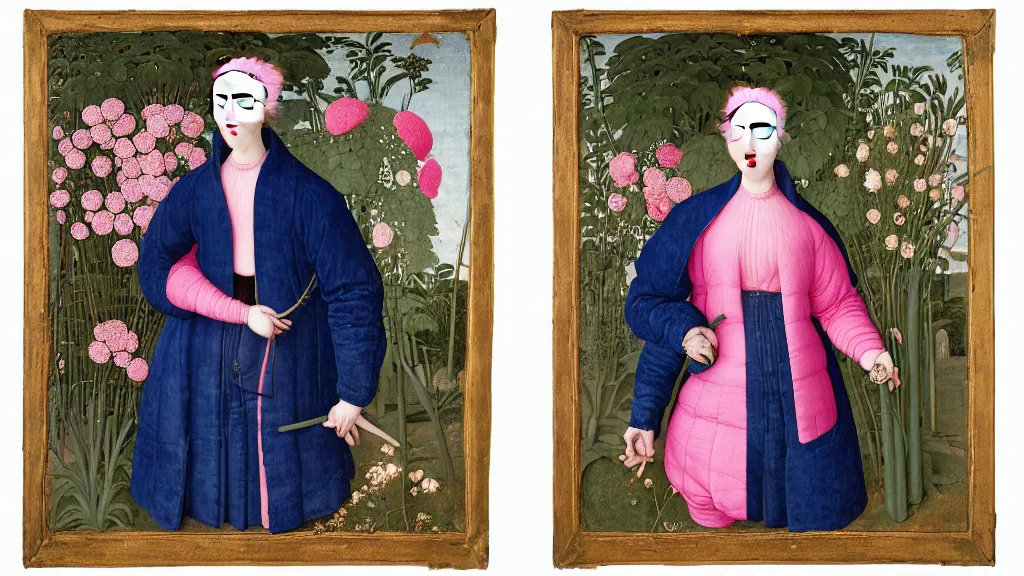 Prompt: portrait of a woman with pink hair, wearing a blue puffer jacket and baggy jeans, standing in a room full of plants and flowers, white background, intricate details, high detail, in the style of rogier van der weyden and jacopo da pontormo, punk, asian art,