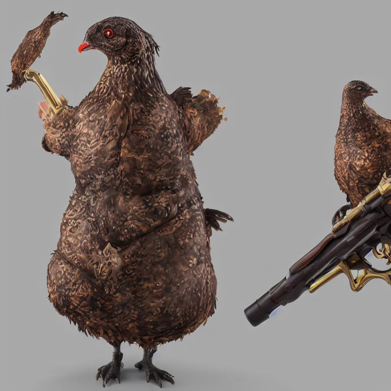 Image similar to a 3 d model of a grouse holding a blunderbuss, studio lighting, octane render, hyper detailed, product photography, 8 k, highly detailed