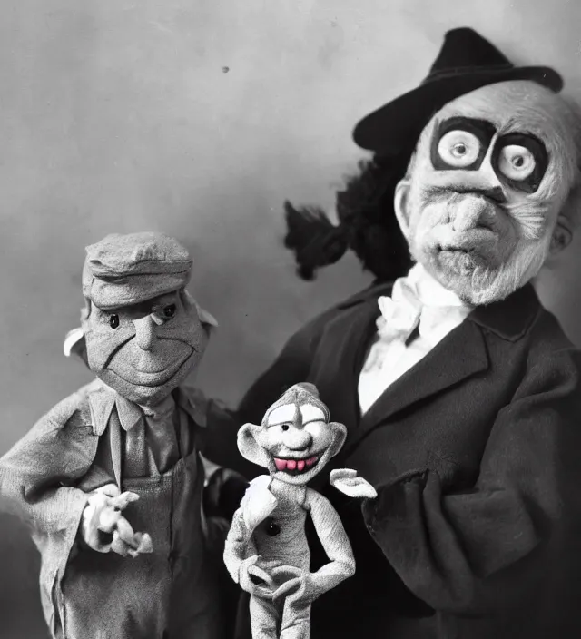 Prompt: hyper realistic old photography of lunatic ventriloquist old man with terrific haunted puppet