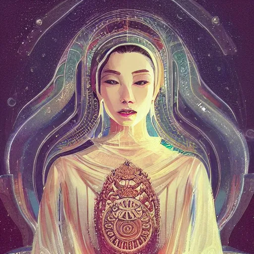 Prompt: intricate, amazing, retro vintage and romanticism, painting by natelle quek, soft color palette, cinematic, highly detailed, godess from space sci - fi of ancient religion