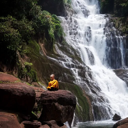 Image similar to a simply breathtaking shot of mediating monk at pongour falls in dalat, 7 layers waterfall, photographer dang ngo