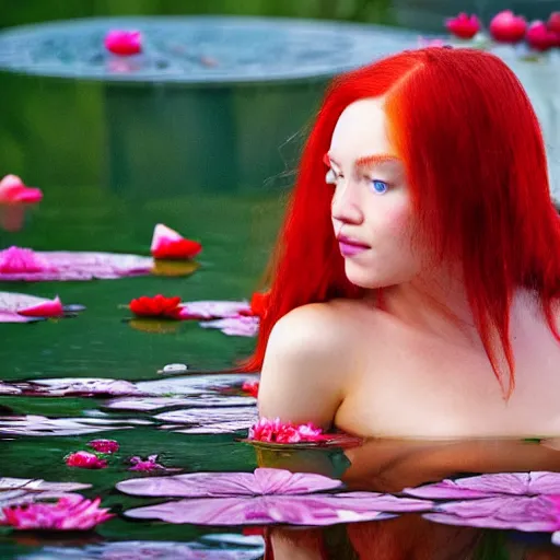 Prompt: A red-haired girl bathes in a lake where water lilies are floating, High definition, detailed,