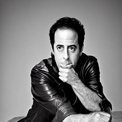 Prompt: Jerry Seinfeld wearing a leather outfit, portrait, are bure boke, by Annie Liebovitz, Daido Moriyama, Richard Avedon