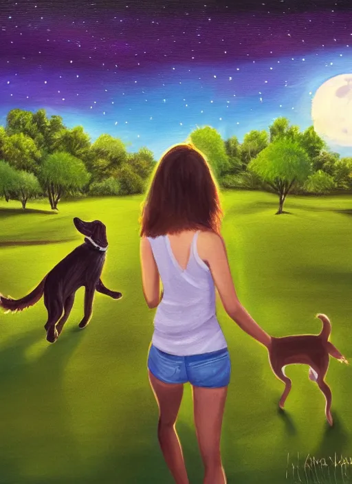 Image similar to young brown woman walking her dog in a park at night with a full moon, painting fantasy