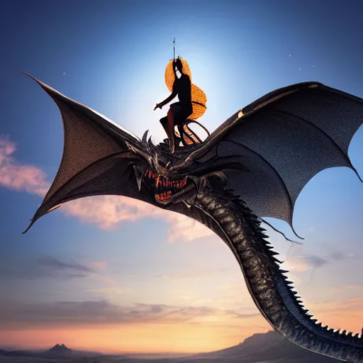 Image similar to A person riding a dragon, sunset, realistic