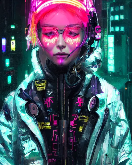 Image similar to detailed portrait Neon Operator Girl, cyberpunk futuristic neon, reflective puffy coat, decorated with traditional Japanese ornaments by Ismail inceoglu dragan bibin hans thoma greg rutkowski Alexandros Pyromallis Nekro Rene Maritte Illustrated, Perfect face, fine details, realistic shaded, fine-face, pretty face