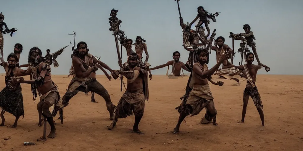 Image similar to sri lankan mad max style, dancing, film still, epic shot cinematography, rule of thirds