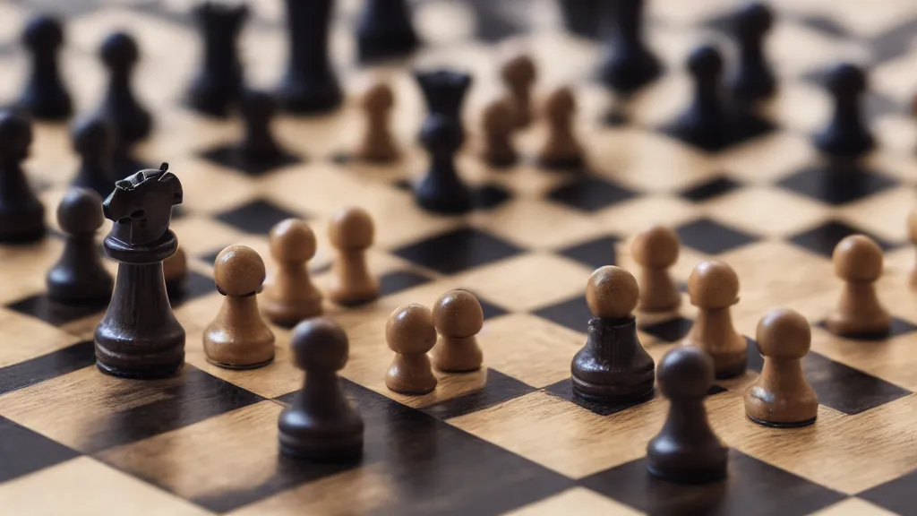 Prompt: macro photography of a chess set consisting of pieces designed as highly detailed robots, depth of field, the center of the board is in focus