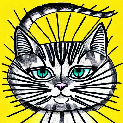 Prompt: tattoo sketch of a cat hugging the sun, on a yellow paper, byzantium ornament, line art