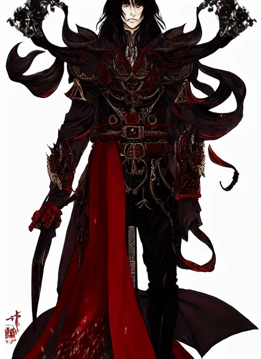 Prompt: Full body portrait of a handsome mature elf fire mage with long black hair wearing ornate scarlet robe. In style of Yoji Shinkawa and Hyung-tae Kim, trending on ArtStation, dark fantasy, great composition, concept art, highly detailed, dynamic pose.