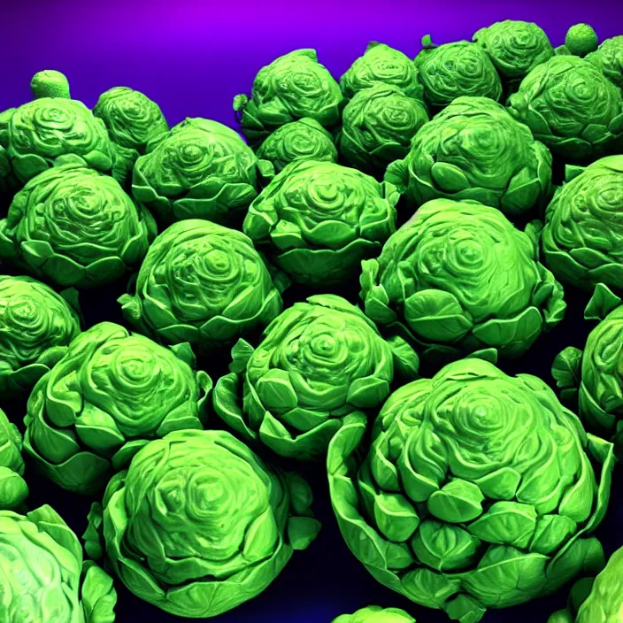 Image similar to high quality 3 d render very cute cabbages! money everywhere, highly detailed, unreal engine cinematic smooth, moody purple green light, low angle, uhd 8 k