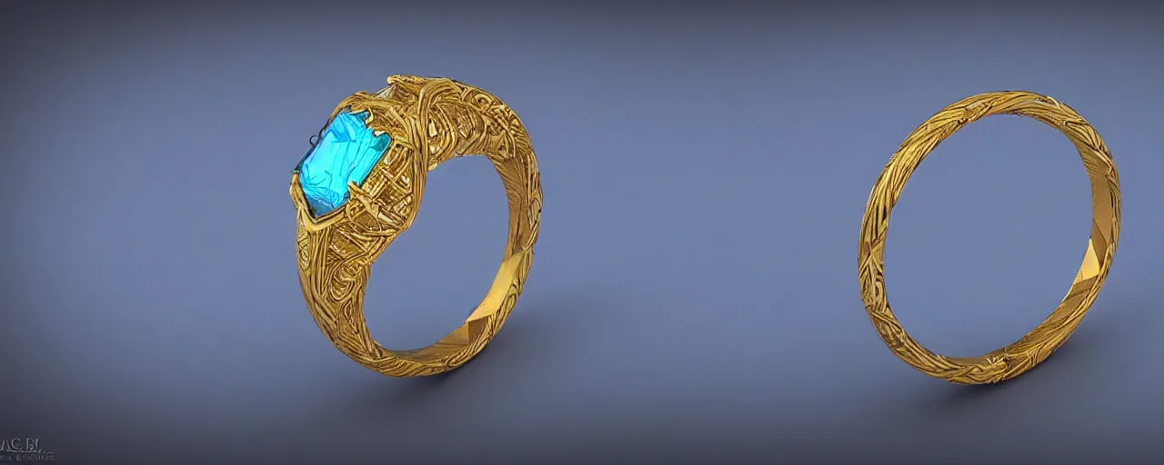 Image similar to simple golden magic crystal ring, ice, blue, gold, smooth, crystal, engravings, diamonds, product design, jewelry, colorful, art by gerald brom, greg rutkowski and artgerm, photo realism, unreal engine, c 4 d