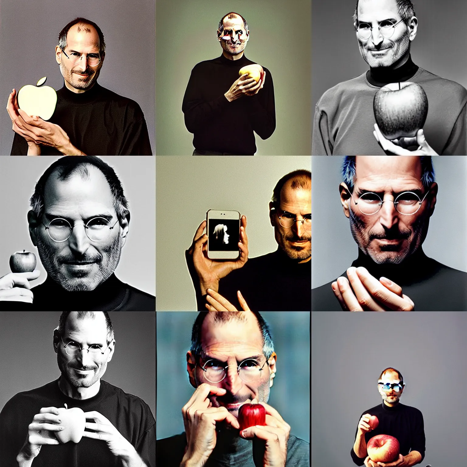 Prompt: happy steve jobs holding an apple by annie leibovitz