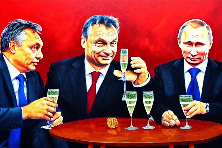 Image similar to viktor orban drinking champagne with putin in front a burning city, highly detailed eyes, oil painting