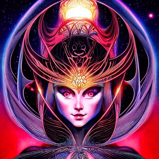 Image similar to a symmetrical portrait of a mystical feminine creature with glowing energies and particals, metal scales, surrounded by spirits, gloomy cinematic lighting, highly detailed, illustrated novel, by artgerm and miura and druillet