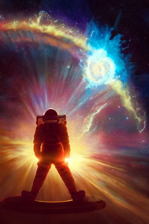 Prompt: long shot from behind of an astronaut floating alone in space silhouetted against a supernova, dramatic backlighting, somber, golden hour, low-key lighting, kodachrome, color contrast, high contrast, highly detailed, sharp focus, digital painting, concept art, illustration, trending on artstation, art by greg rutkowski + greg hildebrandt + alphonse mucha