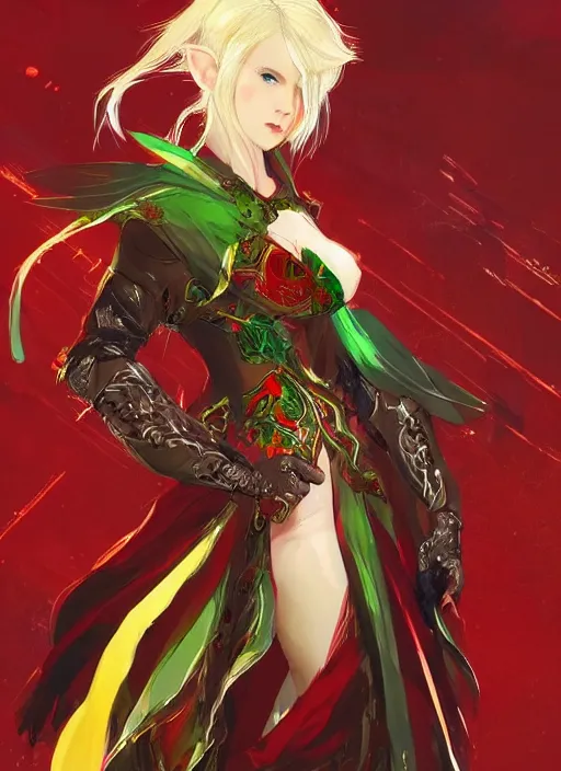 Image similar to Full body portrait of a beautiful young blonde short haired elven princess wearing red, green and gold priest robe. In style of Yoji Shinkawa and Hyung-tae Kim, trending on ArtStation, dark fantasy, great composition, concept art, highly detailed.