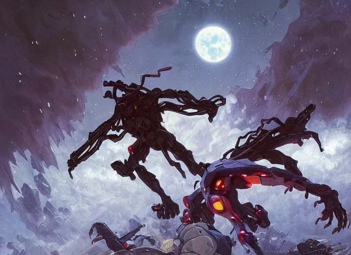 Image similar to giant evangelion attacking an encampment during a blizzard, highly detailed, digital illustration, artstation, concept art, matte, sharp focus, illustration, dramatic, full moon, art by artgerm and greg rutkowski and alphonse mucha