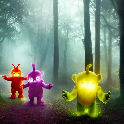 Image similar to demonic teletubbies in magical forest, dark atmosphere, high detail, soft lighting