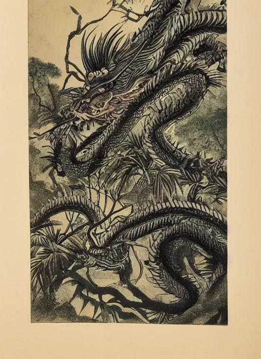 Image similar to vintage chinese dragon in a tropical forest, john james audubon, intaglio, sharp focus