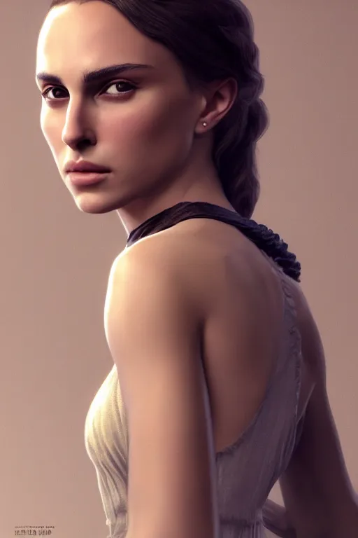 Prompt: Nathalie Portman portrait, loving amber eyes, a shy face, looking at camera, unreal 5, hyperrealistic, octane render, Regal, Refined, Detailed Digital Art, RPG portrait, William-Adolphe Bouguereau, Michael Cheval, dynamic lighting, Highly Detailed, Cinematic Lighting, Unreal Engine, 8k, HD