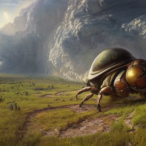 Prompt: a dung beetle pushing planet earth up a hill, ultra realistic, concept art, intricate details, highly detailed, photorealistic, octane render, 8 k, unreal engine. art by artgerm and greg rutkowski and magali villeneuve and alphonse mucha