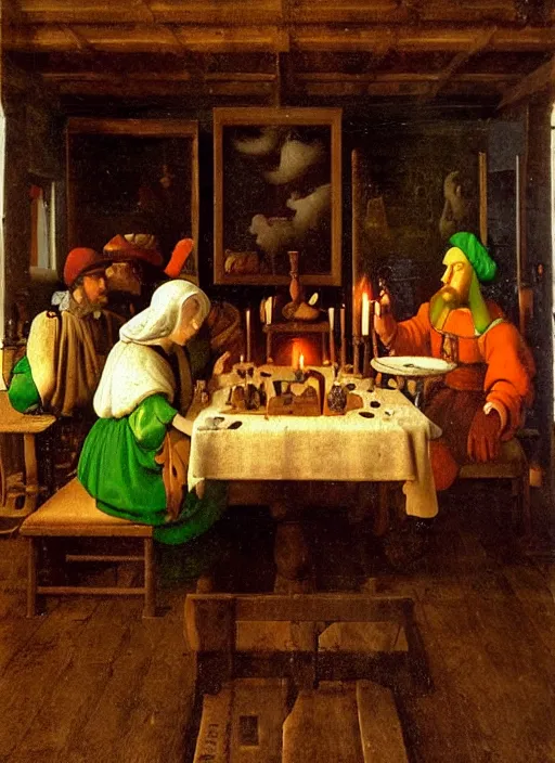 Prompt: a candlelit table at the inn, mario and luigi sitting at the table, swirling smoke, dark smoke, realistic, in the style of leonardo da vinci, dutch golden age, amsterdam, medieval painting by jan van eyck, johannes vermeer, florence