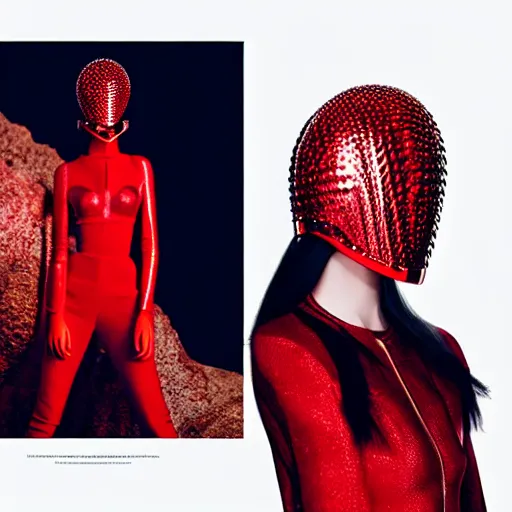 Image similar to female fashion model in year 3000 in a cave, model wearing a surreal Avant-garde helmet in red, dramatic lighting,photography , official Versace editorial , highly detailed