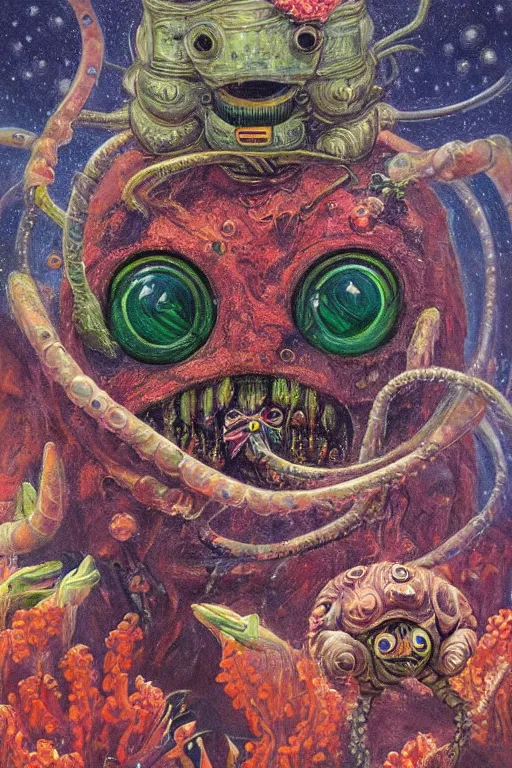 Prompt: oil painting, close-up, hight detailed, creature with six eyes and tubes with flowers everywhere at red planet, in style of 80s sci-fi art, neodada