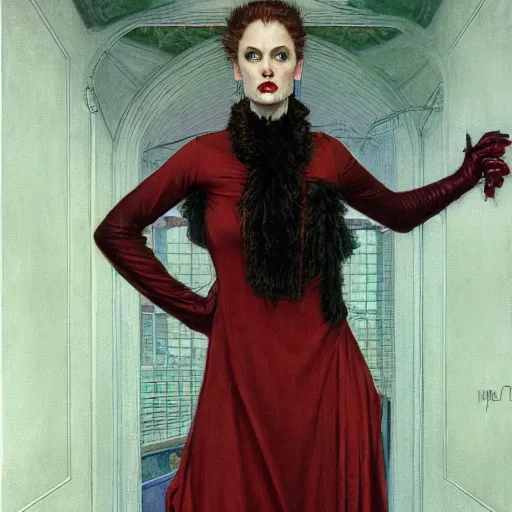 Image similar to portrait of an urban female vampire, with an unusual sense of fashion, by donato giancola and norman rockwell.