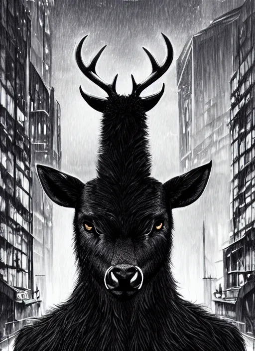 Image similar to aesthetic portrait commission of a of a male fully furry anthro black deer with a tail and a beautiful attractive hyperdetailed face wearing wearing a outfit in a sci - fi dystopian city at golden hour while it storms in the background. character design by dayer, diego 5, detailed, inked, western comic book art, award winning film poster painting