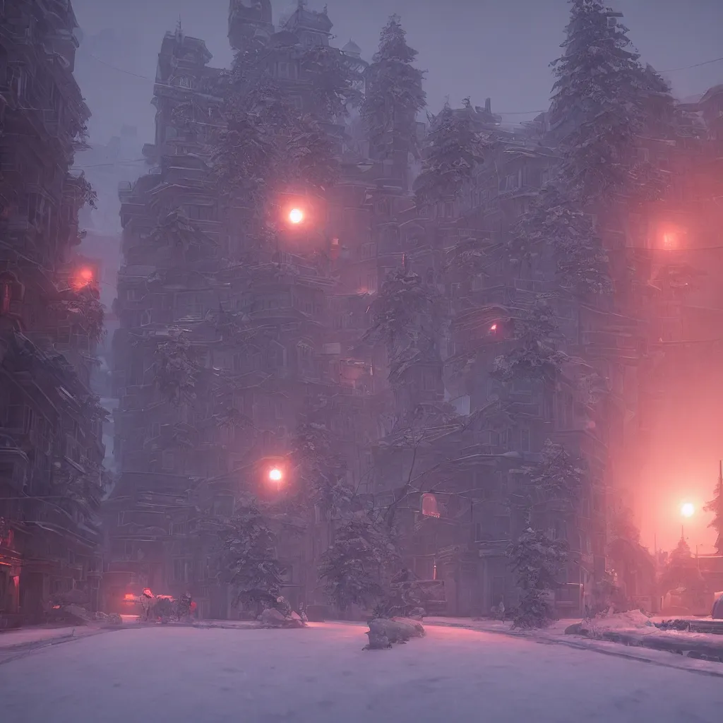 Prompt: a snowy street, red moon, unreal engine, global illumination, smoke, detailed and intricate environment, mysterious, in the style of aetherpunk