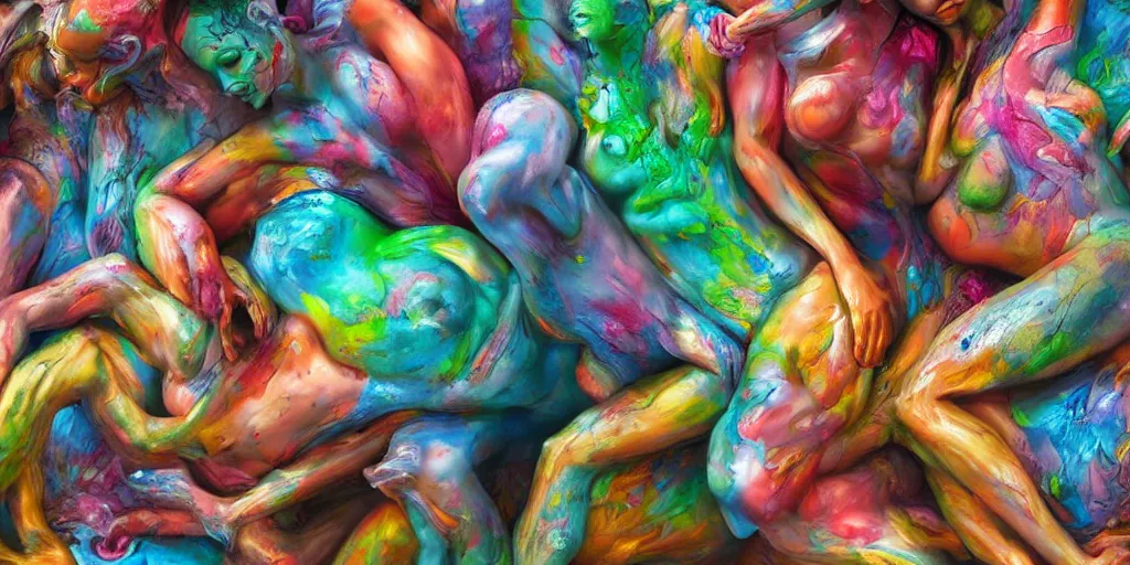 Prompt: closeup photograph of a surrealist sculpture human bodies intertwined, a lovely cornucopia of flowers and human body parts, body parts, paint pour, swirling paint, highly detailed, octane render, cinematic