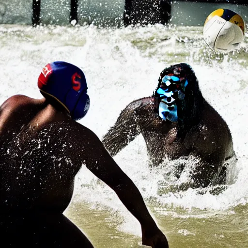 Prompt: a water polo goalkeeper stopping a ball thrown by a silverback gorilla