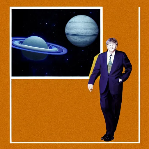 Image similar to album cover featuring bill gates in an outer space void