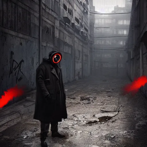 Prompt: hooden villain wearing a gas mask with red goggles, smoke coming out of his long coat, dark background, wall with graffiti, unreal engine 5, ultra realistic, detailed, fog, by greg rutkowski