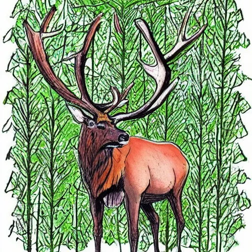 Prompt: an elk made of ( ( ( ( vines and branches ) ) ) )!!!!! stands in the middle of a dark forest