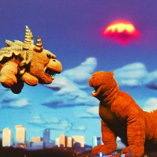 Image similar to a giant teddy ruxpin as godzilla destroying a city, hyperrealistic, dramatic lighting, black clouds and lighting in the sky