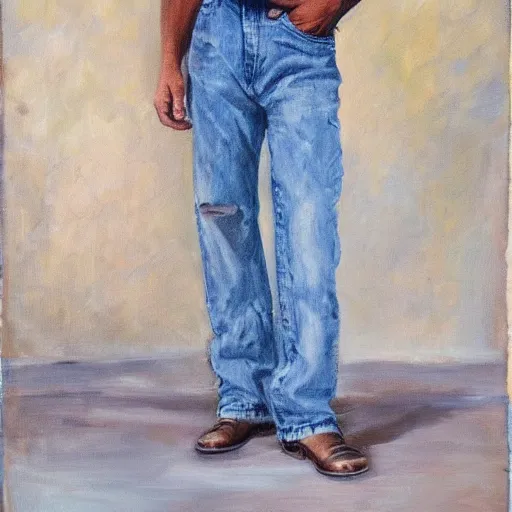 Prompt: A handsome man with a pair of pants around his head, long denim jeans, oil on canvas