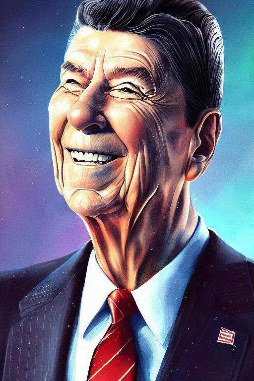 Prompt: illustration of ronald reagan painted by mai yoneyama, detailed, dynamic lighting, pixiv, digital painting, anime illustration, detailed face, high saturation,