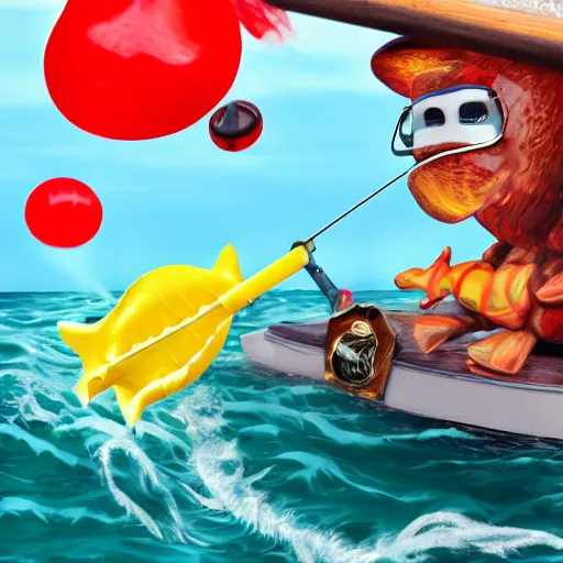 Image similar to gizmo goes deep sea fishing in a sportfisherman boat. gizmo is fishing for swedish fish candy by using gummi worm candy as bait. photorealistic digital art, epic fantasy, dramatic lighting, cinematic, extremely high detail, cinematic lighting, trending, artstation, cgsociety, 3 d ue 5, 4 k, hq