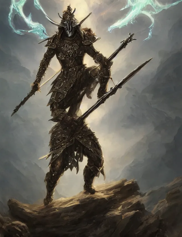 Image similar to masked warrior in crystalline diamond armour holding a diamond spear and standing on a hilltop, by frank fazetta and peter mohrbacher, trending on artstation, digital art, 4 k resolution, detailed, high quality, hq artwork, coherent, insane detail, concept art, character concept, character full body portrait