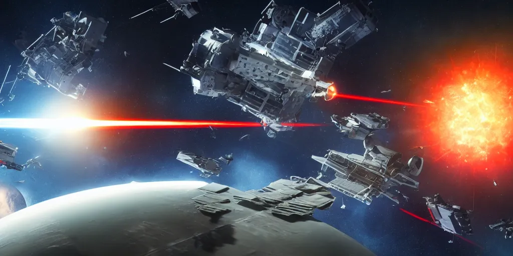 Prompt: spacecraft battle scene, cinematic scifi shot, laser fire, explosions, ultra realistic details, 8 k