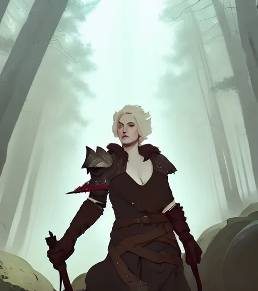 Image similar to portrait of cullen from dragon age standing with beautiful woman near forest by atey ghailan, by greg rutkowski, by greg tocchini, by james gilleard, by joe fenton, by kaethe butcher, dynamic lighting, gradient light blue, brown, blonde cream and white color scheme, grunge aesthetic