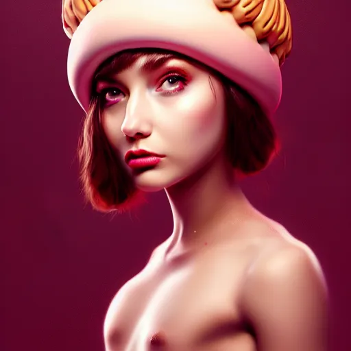 Image similar to portrait of a girl with a bundt cake on her head, digital art, cinematic, concept art, 8k, painting, imaginefx, cgsociety, trending on artstation